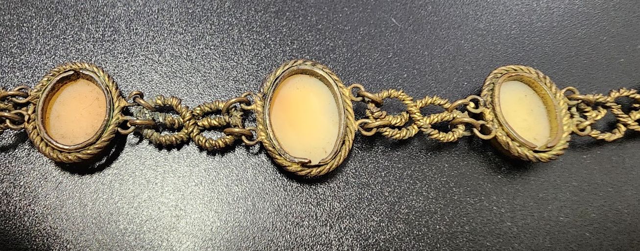 Antique Victorian Shell Cameo Bracelet - 5 Hand-Carved Cameos in Ornate Brass Bezels