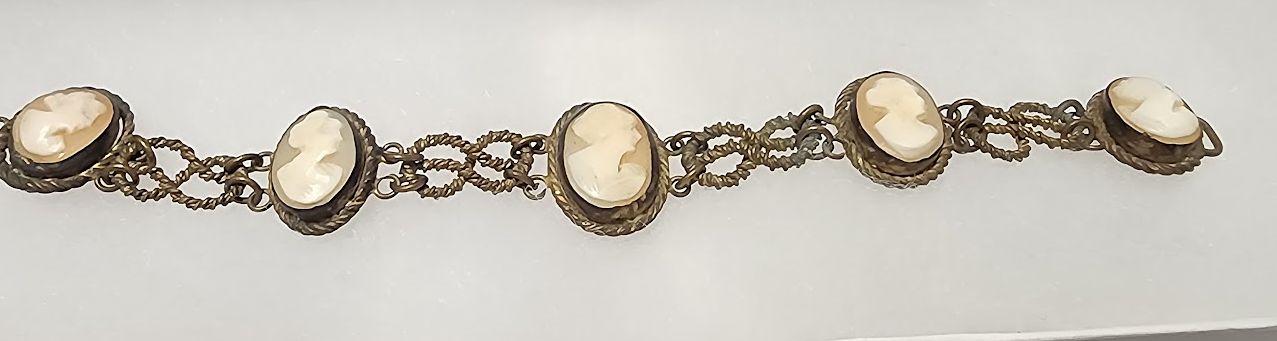 Antique Victorian Shell Cameo Bracelet - 5 Hand-Carved Cameos in Ornate Brass Bezels