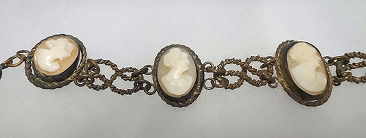 Antique Victorian Shell Cameo Bracelet - 5 Hand-Carved Cameos in Ornate Brass Bezels